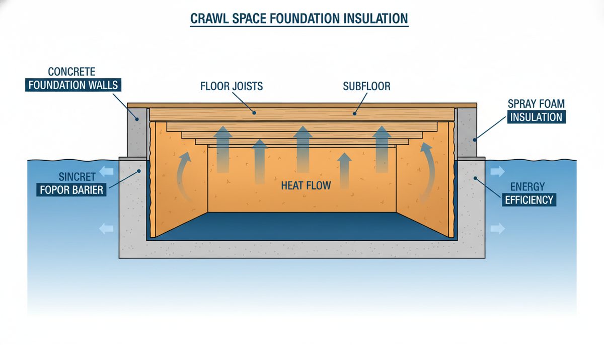 Cross-section diagram of crawl space foundation showing spray foam insulation installation