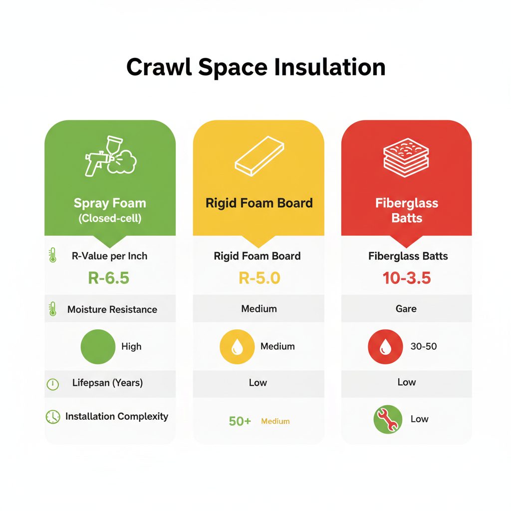 Side-by-side comparison infographic of spray foam, rigid foam board, and fiberglass insulation showing R-values, moisture resistance, lifespan, and cost