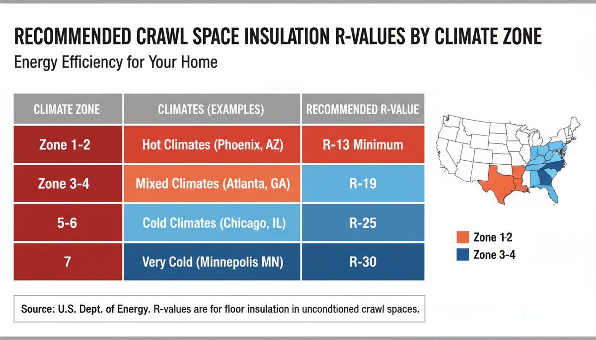 Climate zone R-value requirements chart showing recommended insulation levels from Zone 1 (hot climates) through Zone 7-8 (very cold climates like Alaska)
