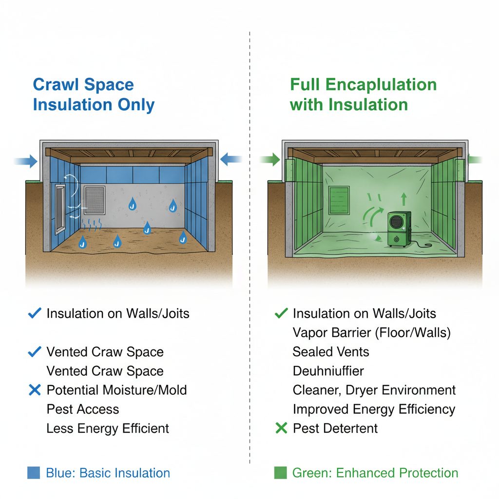 Side-by-side comparison diagram showing crawl space insulation only versus full encapsulation with insulation, vapor barrier, sealed vents, and dehumidifier