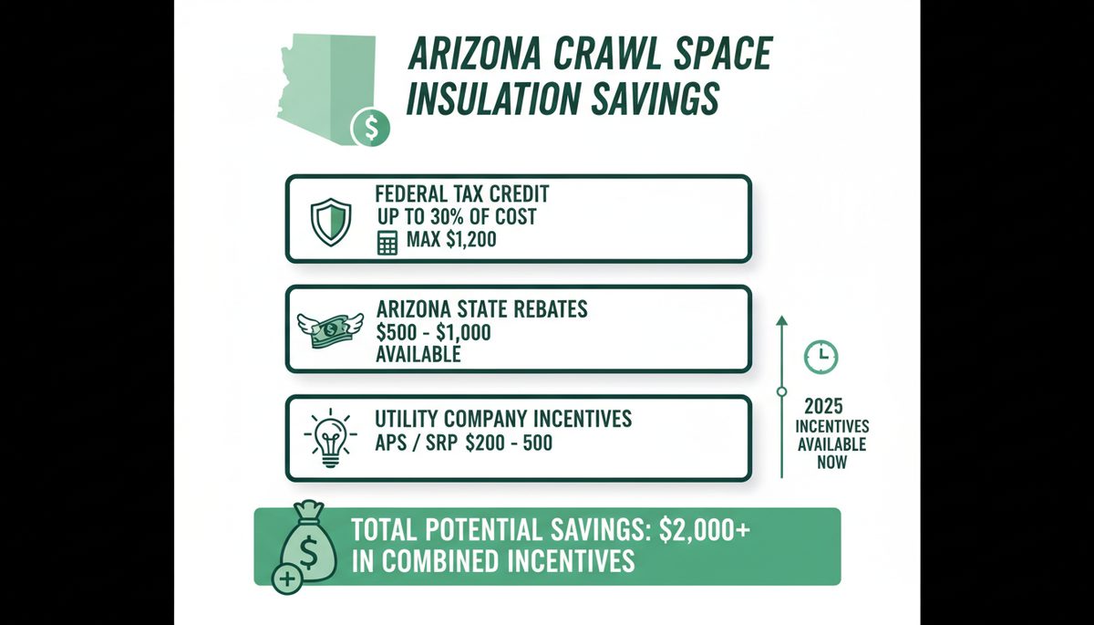 Alaska insulation rebates and incentives infographic showing federal tax credit up to $1,200, state rebates up to $4,000, and utility company incentives totaling $2,700-$4,500 potential savings