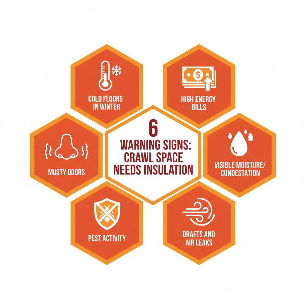 Infographic showing 6 warning signs your crawl space needs insulation: cold floors, high energy bills, musty odors, visible moisture, pest activity, and drafts