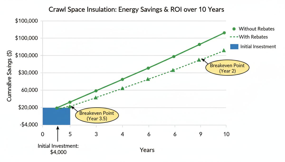 ROI graph showing crawl space insulation payback period of 3-4 years and cumulative energy savings reaching $10,000 over 10 years