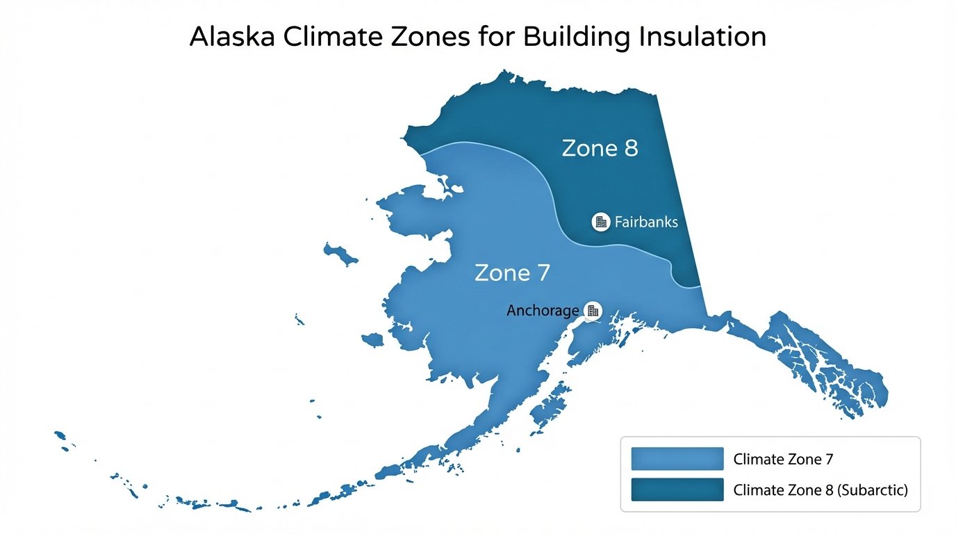 Alaska climate zones map showing Zone 7 and Zone 8 regions for building insulation requirements