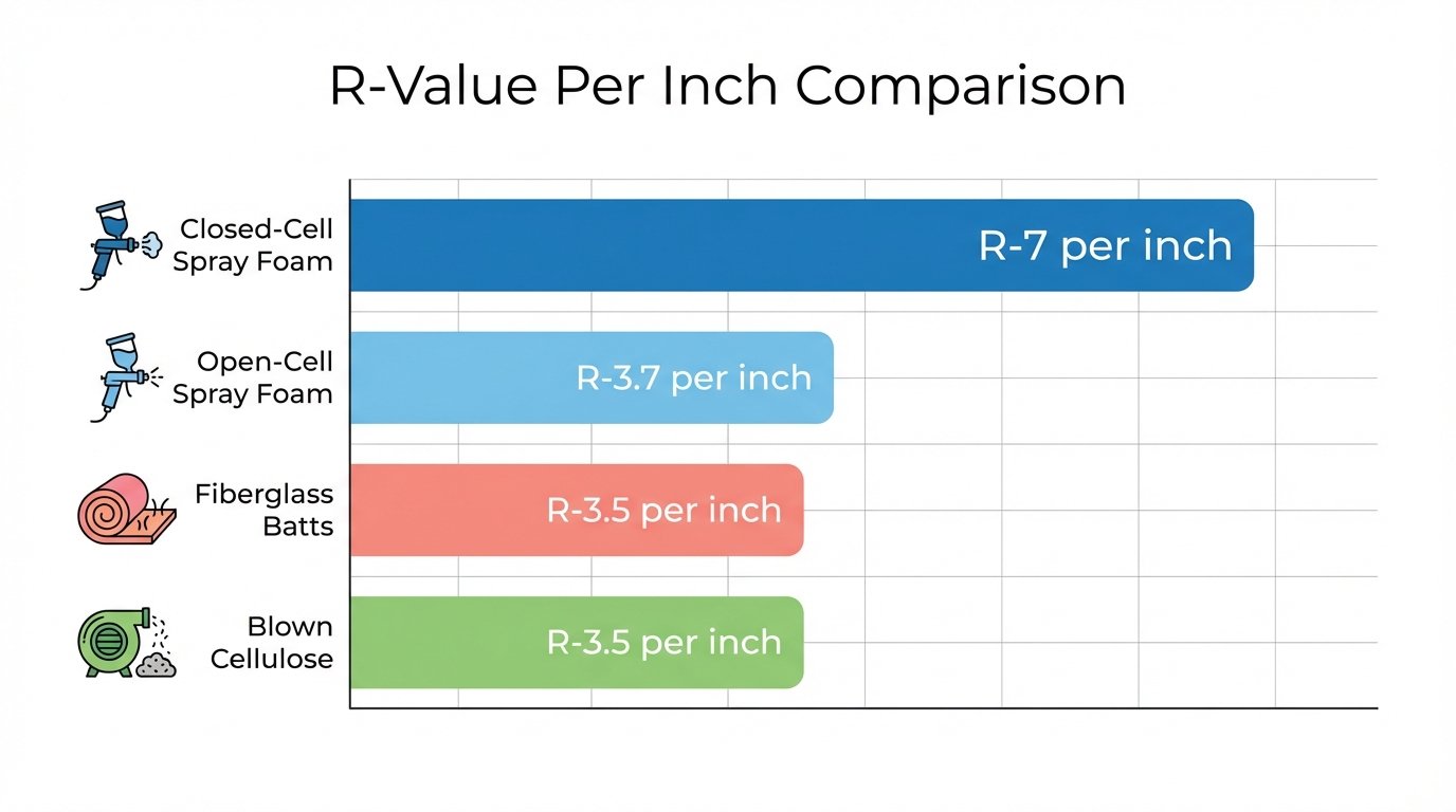 R-value per inch comparison chart showing closed-cell spray foam with highest R-7 rating versus other insulation types