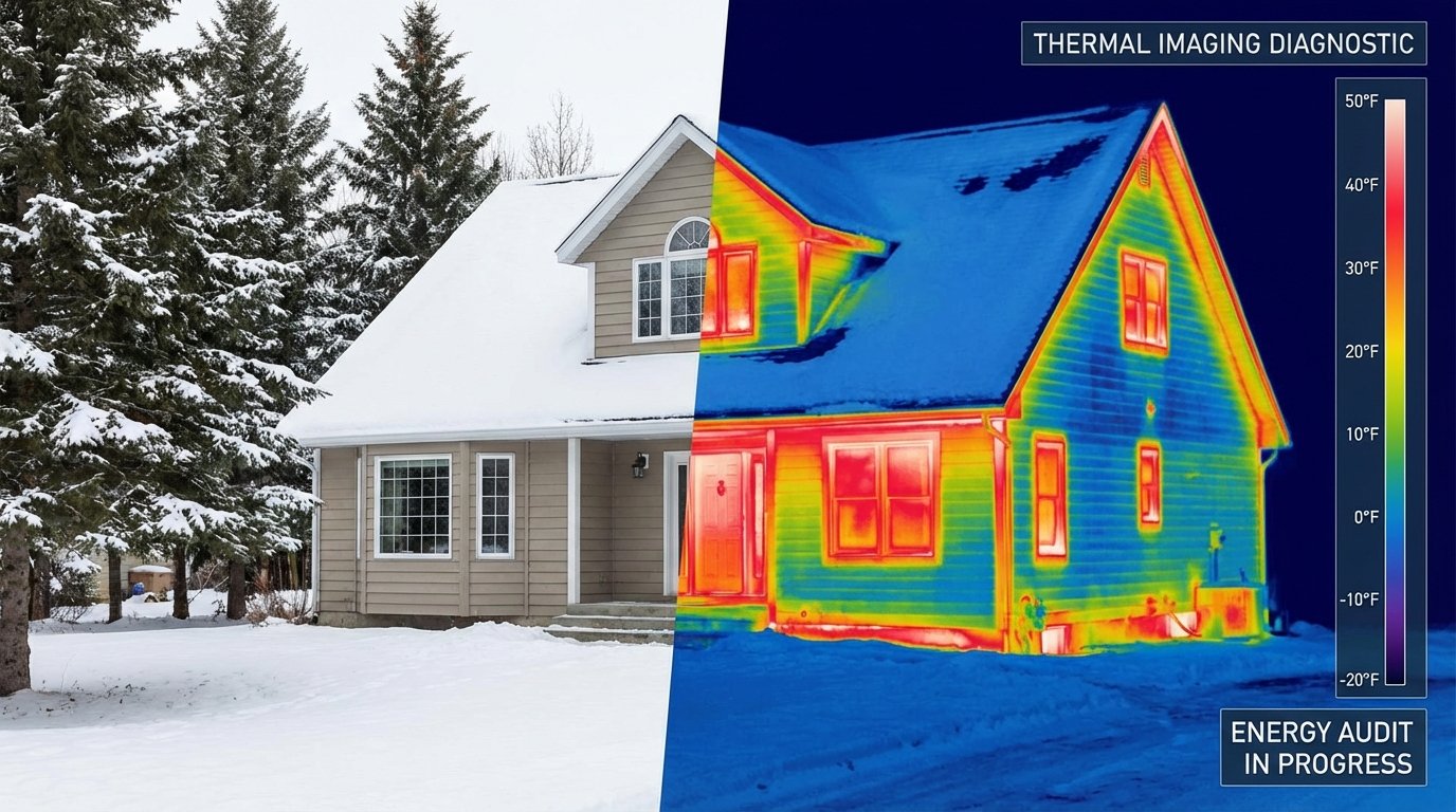 Thermal imaging comparison of Alaska home showing heat loss through poorly insulated areas versus well-insulated sections