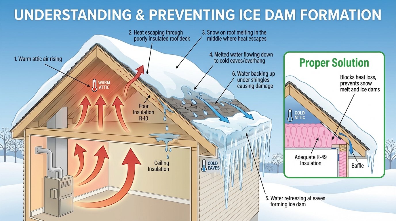 Cross-section diagram showing how ice dams form on roofs due to heat loss from poor attic insulation