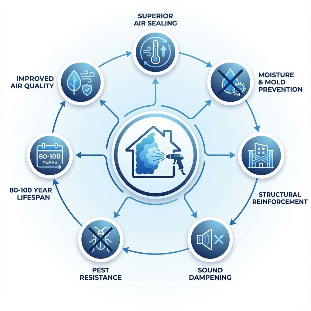 Infographic showing seven key benefits of spray foam insulation including air sealing, moisture prevention, and 80-100 year lifespan