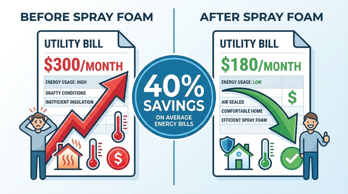 Energy bill comparison showing 40% reduction from $300 to $180 monthly after spray foam insulation installation