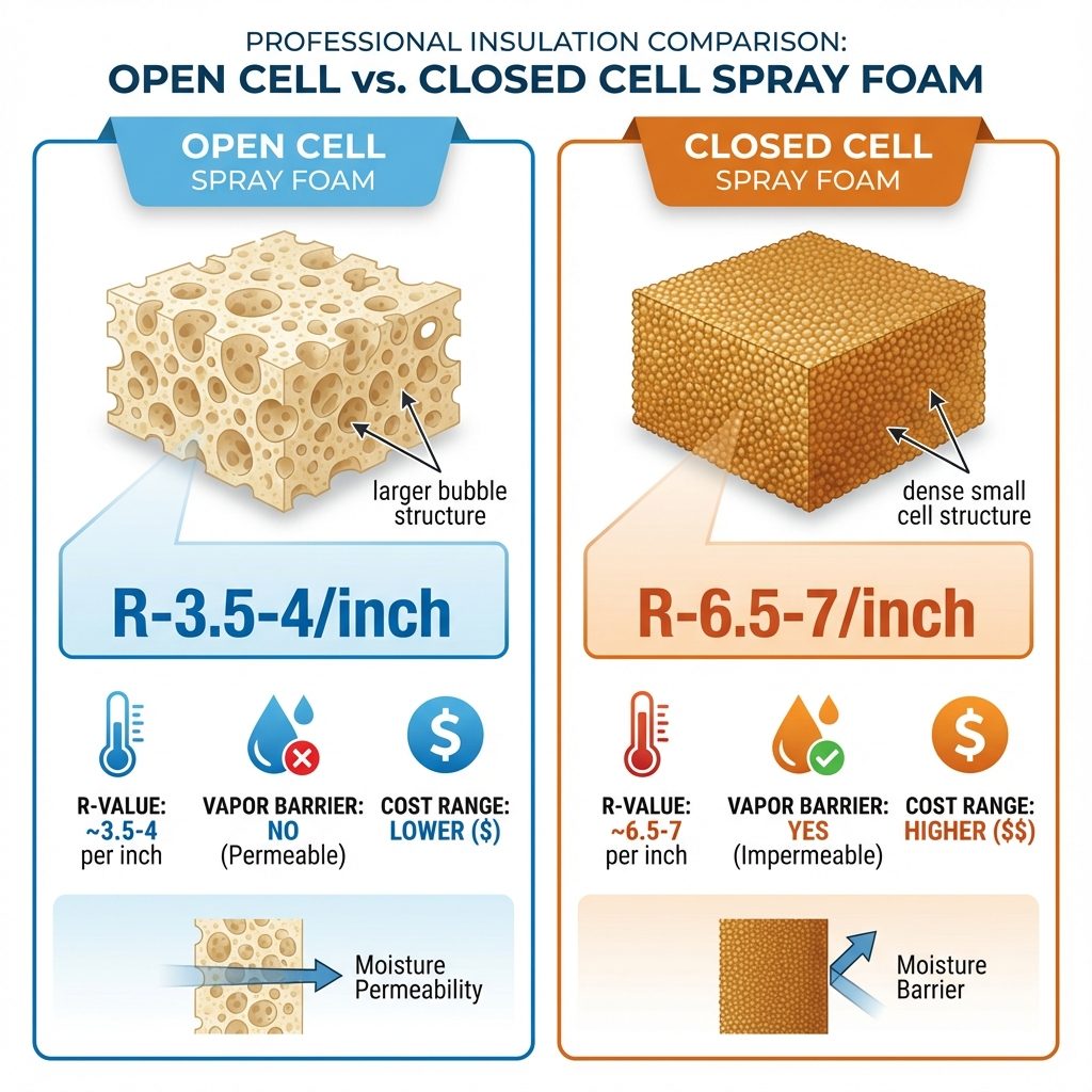 Comparison infographic showing differences between open cell and closed cell spray foam insulation