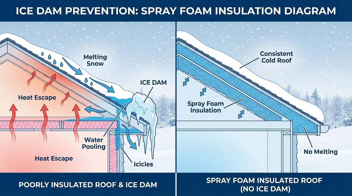 Cross-section diagram showing how spray foam insulation prevents ice dams