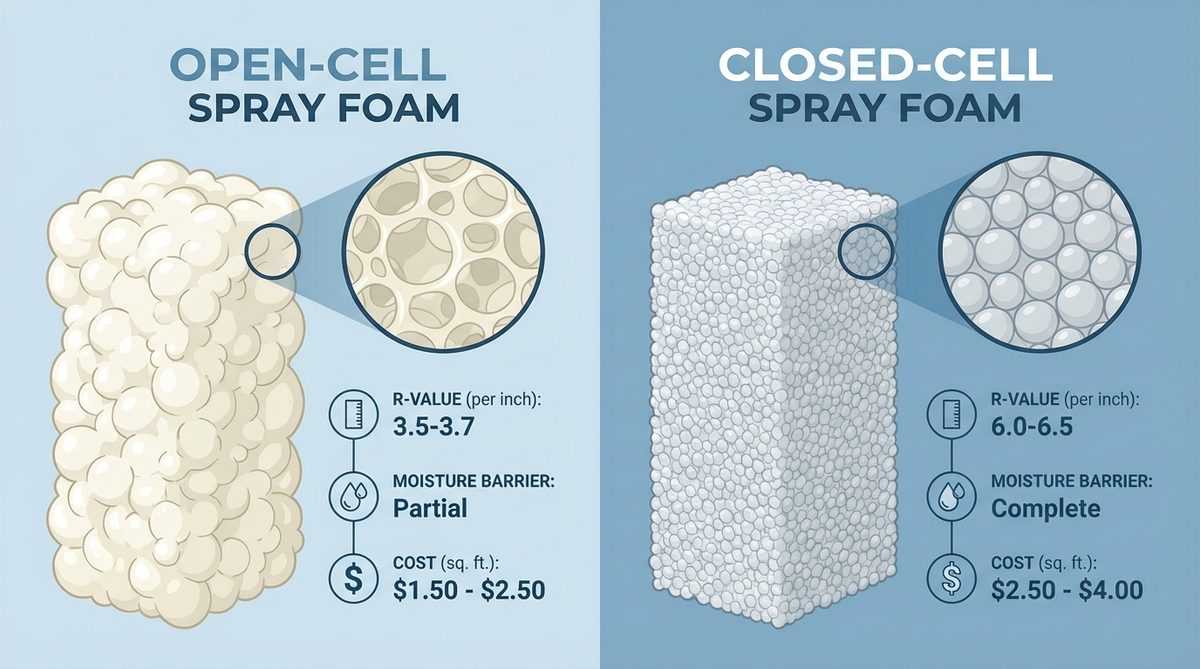 Open cell vs closed cell spray foam comparison chart showing R-value, vapor barrier, cost, and Alaska recommendation