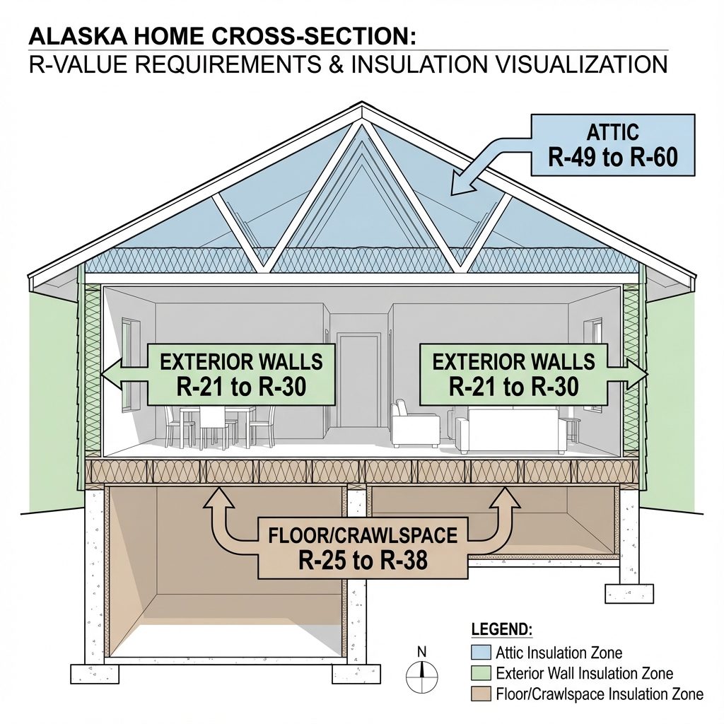 Alaska R-value requirements diagram showing R-49-60 for attic, R-21-30 for walls, and R-25-38 for floors