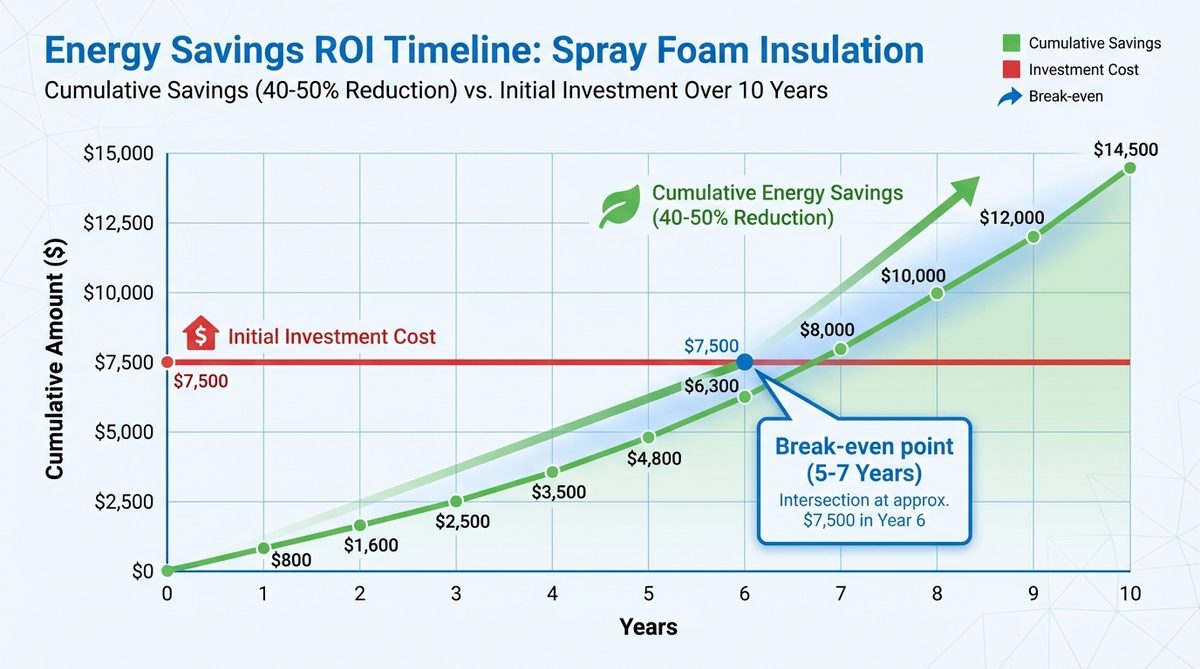 Energy savings ROI chart showing 40-50% heating cost reduction and 5-7 year payback period