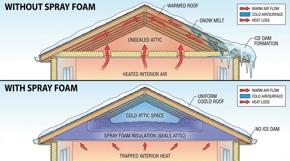 Ice dam prevention diagram showing how spray foam attic insulation stops heat escape