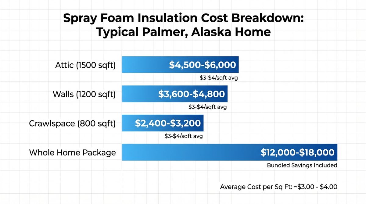 Spray foam insulation cost breakdown chart showing pricing for attic, walls, crawlspace, and whole-home insulation