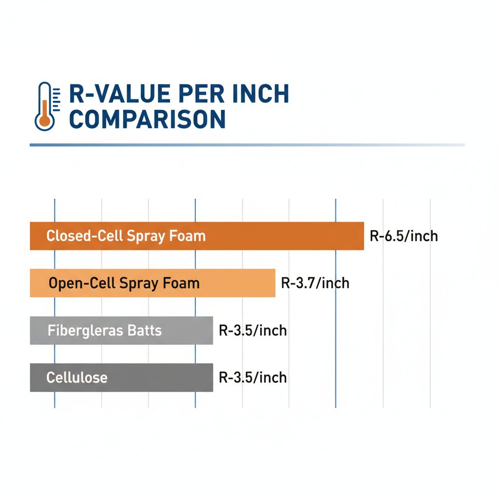 R-value per inch comparison chart showing closed-cell spray foam at R-6.5 leads all insulation types