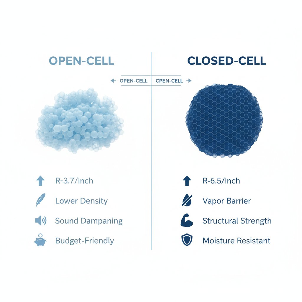 Open-cell vs closed-cell spray foam comparison showing key differences in R-value, density, and applications