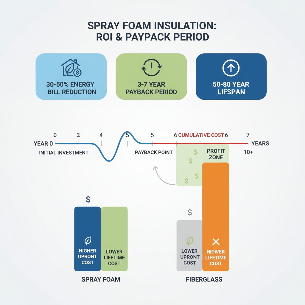 Spray foam ROI infographic showing 30-50% energy savings and 3-7 year payback
