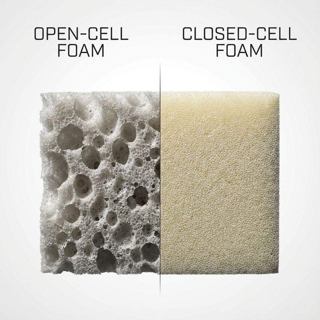 Side-by-side comparison showing cellular structure differences between open-cell and closed-cell spray foam insulation