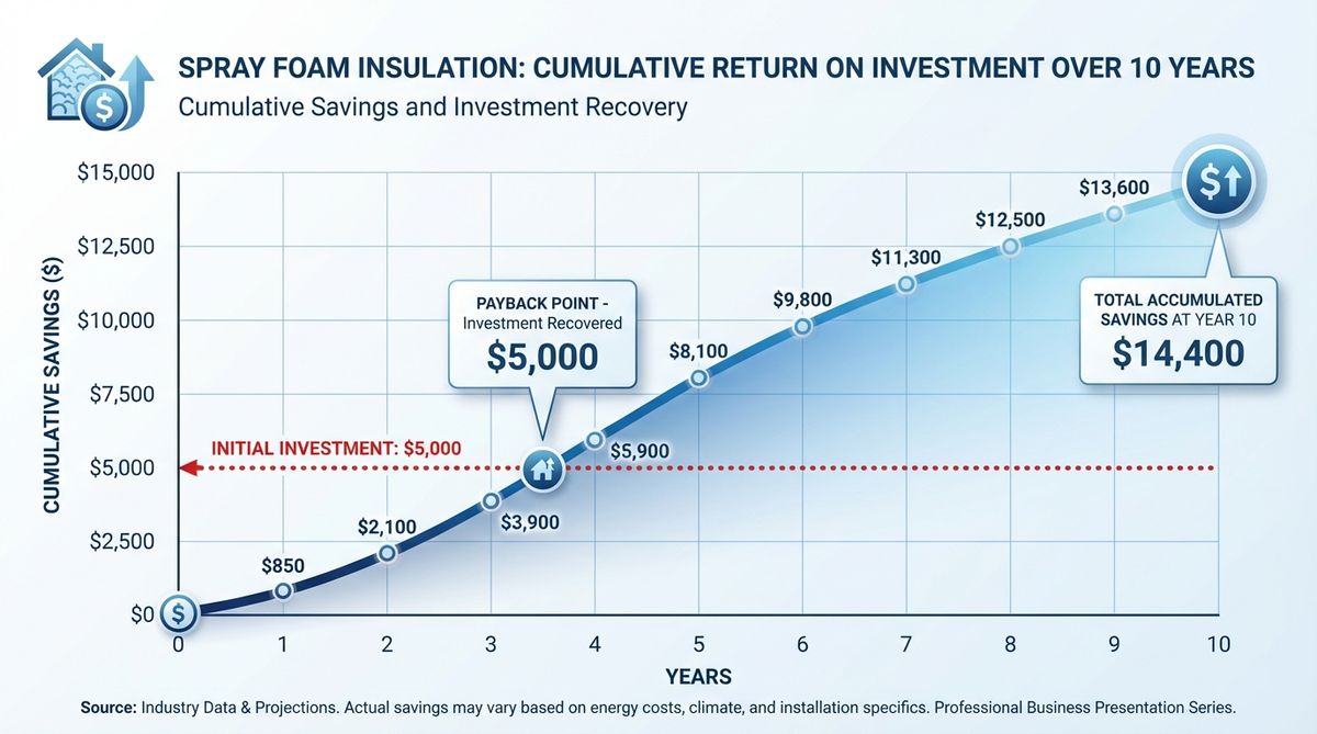 Graph showing spray foam insulation ROI with 3.5 year payback period and $14,400 savings over 10 years