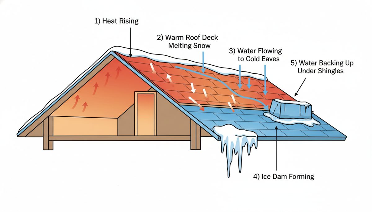 Diagram showing how ice dams form when heat escapes from attic melts roof snow that refreezes at cold eaves