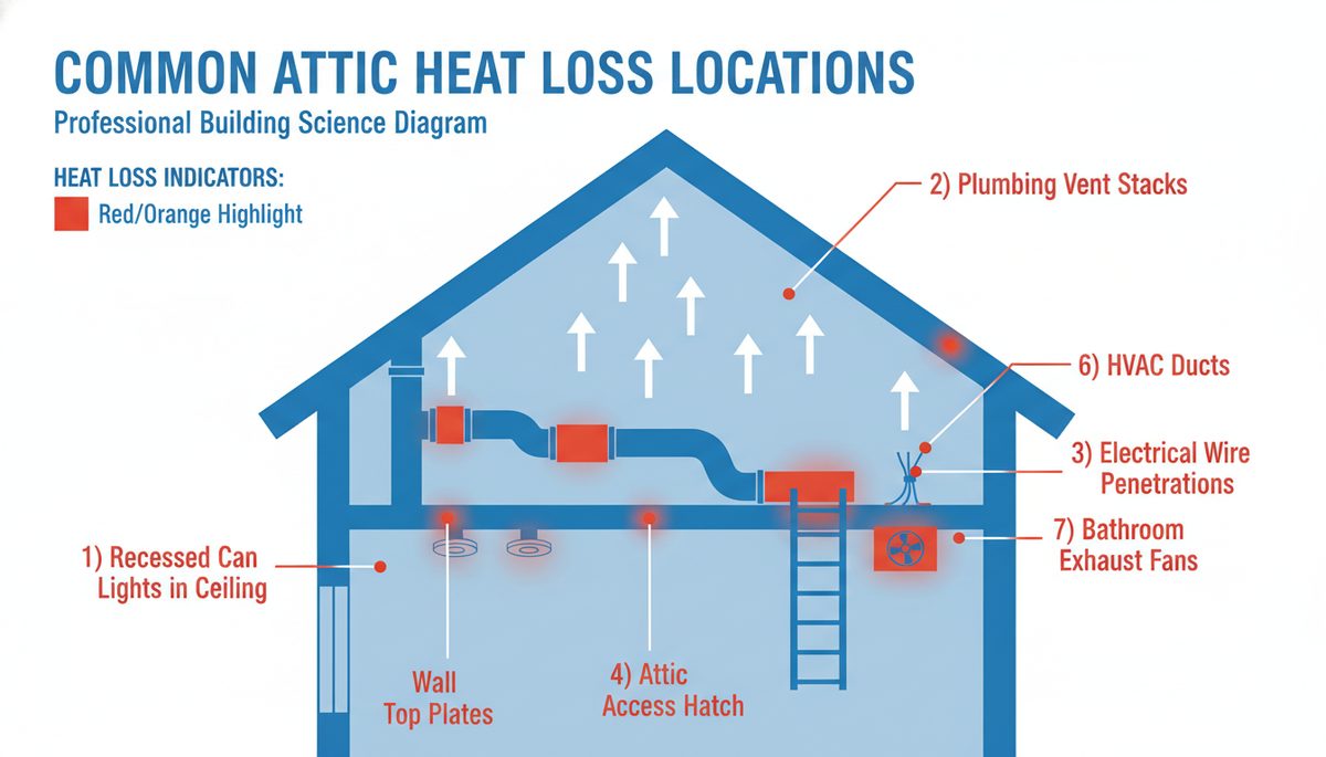 Infographic showing 7 common locations where heat escapes into attic including recessed lights, plumbing stacks, and electrical penetrations