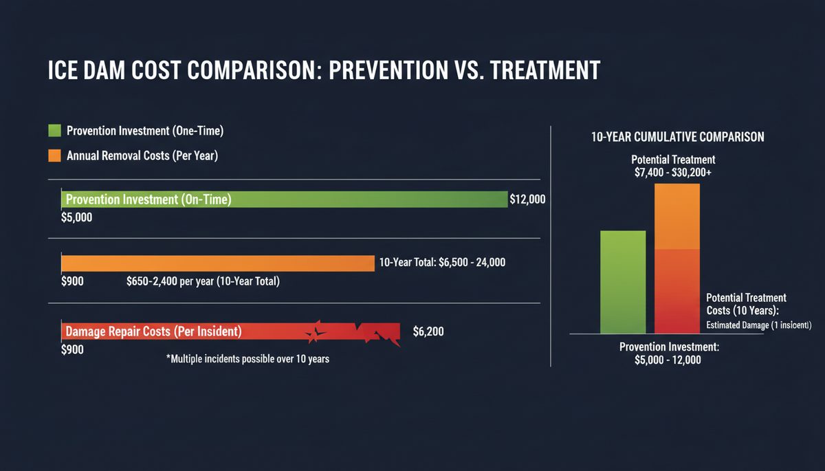 Cost comparison chart showing ice dam prevention vs annual removal costs over 10 years